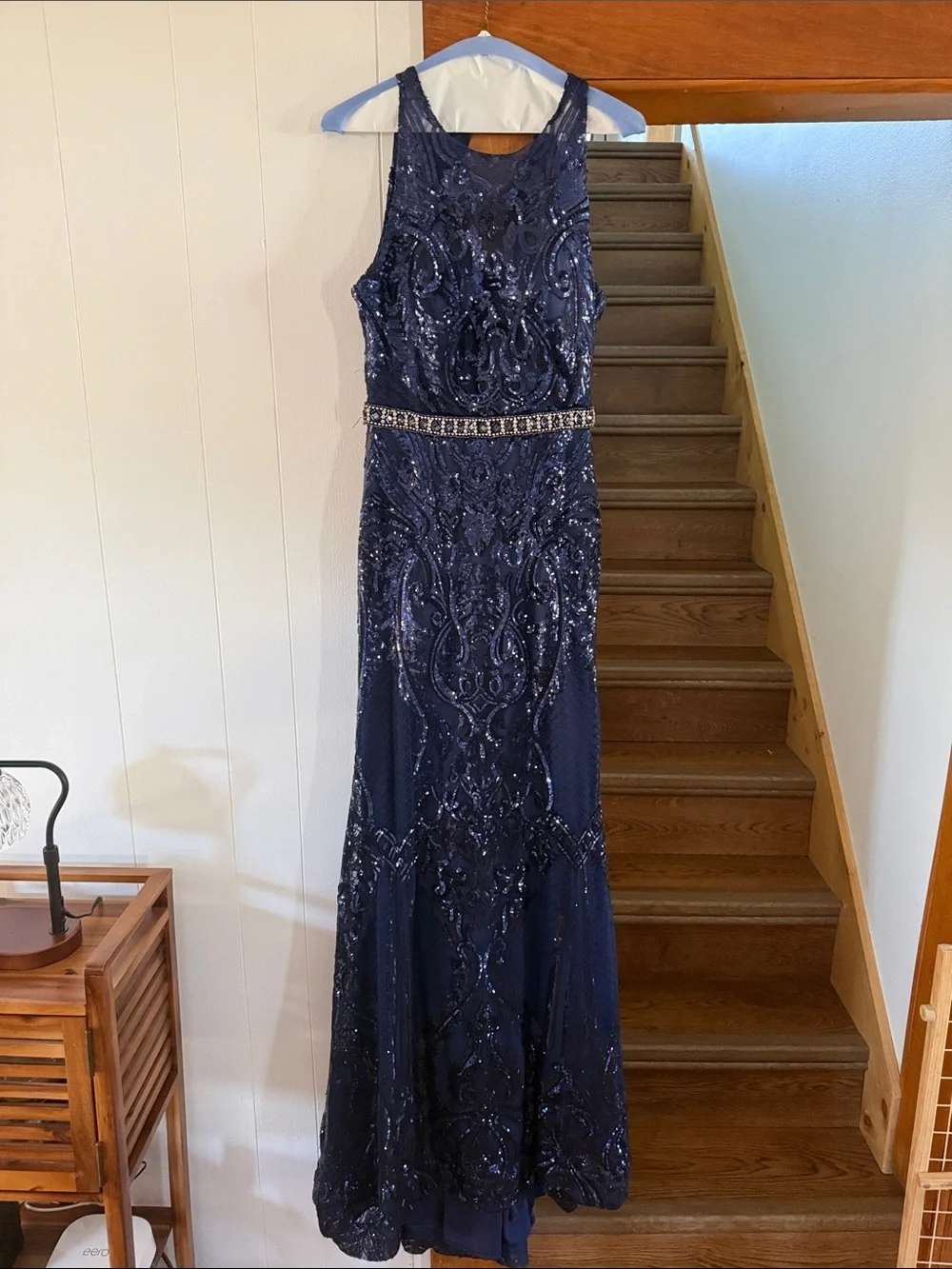 Navy Sequin Embellished Prom Gown with Beaded Waist